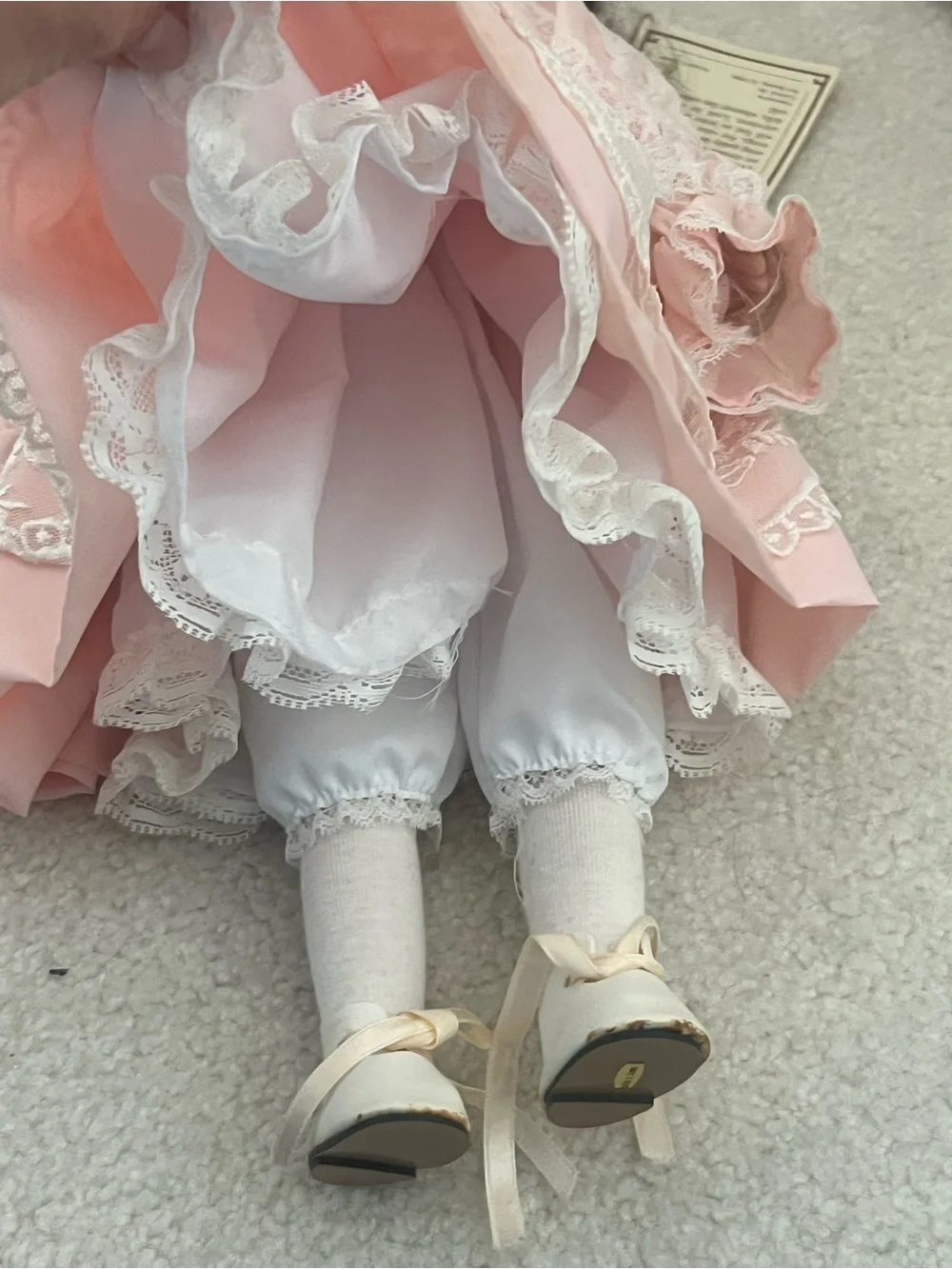 Vintage Dynasty Doll Collection Porcelain Doll Pink Lace Dress & Bonnet with Box